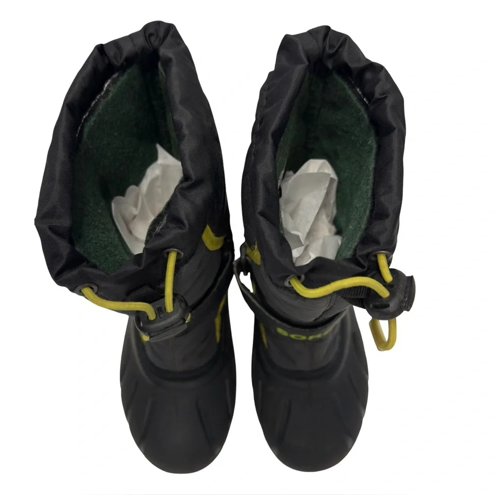 Sorel Kids Flurry Snow Boots Black & Chartreuse Waterproof & Insulated Sz 13